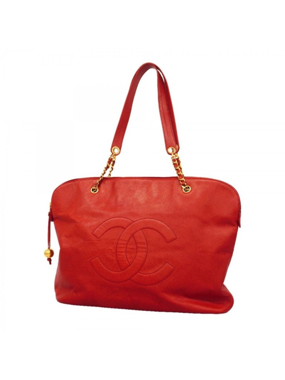 Chanel Shoulder Bag Caviar Leather Red Gold